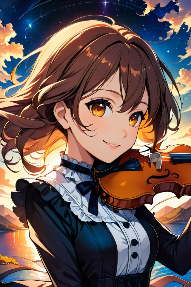 Against the background of the sunset sky, a girl with hair fluttering in the wind is smiling with a violin, the sky where the stars begin to shine, anime-style illustrations, high resolution, line drawings drawn in detail, warm colors, fantastic atmosphere 