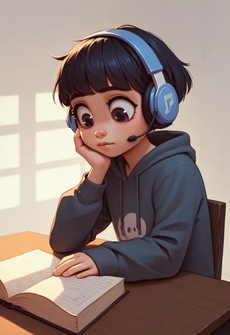 the highest quality, 8k, close up, lofi girl, lofi art, lofi feeling, a girl studying on the desk, wearing wireless headphones, ...