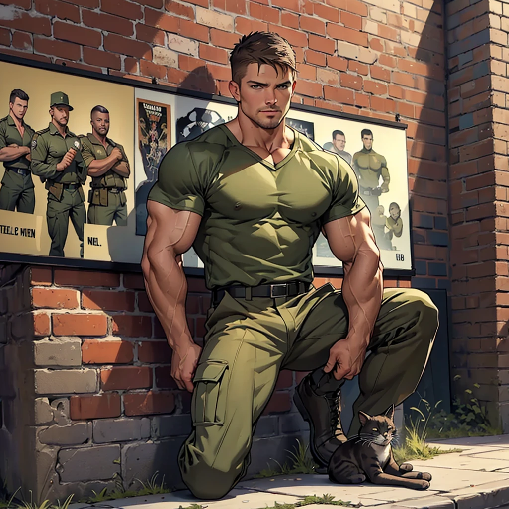 32k, high quality , detailed face , detailed hands , detailed muscles , stephen amell standing and  posing  as a military man ,standing with spread legs, showing his muscles  HOLDING A CAT IN HIS HANDS, ((background brick wall with lot of army posters ))