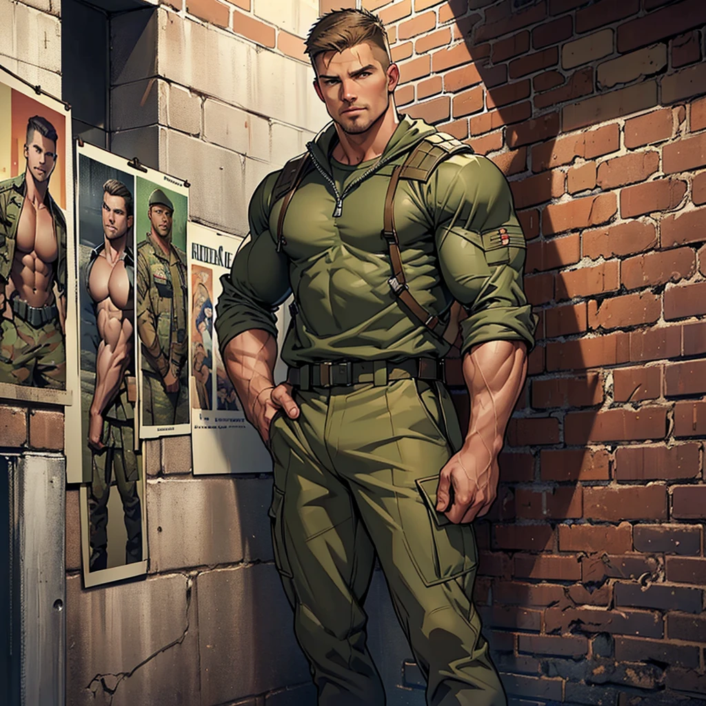 32k, high quality , detailed face , detailed hands , detailed muscles , stephen amell standing and  posing  as a military man ,standing with spread legs, showing his muscles  HOLDING A CAT IN HIS HANDS, ((background brick wall with lot of army posters ))