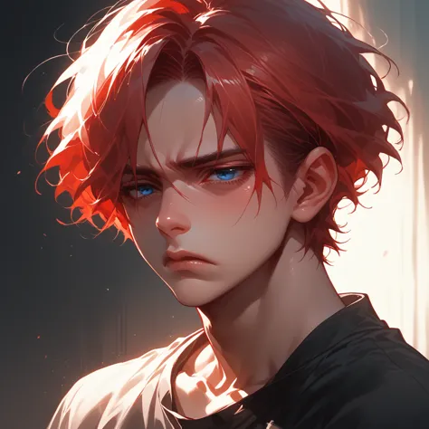 a boy, pretty face, dark blue eyes, tired look, black room, eyes on the beholder, physically strong, anime, hentai, red hair, wi...