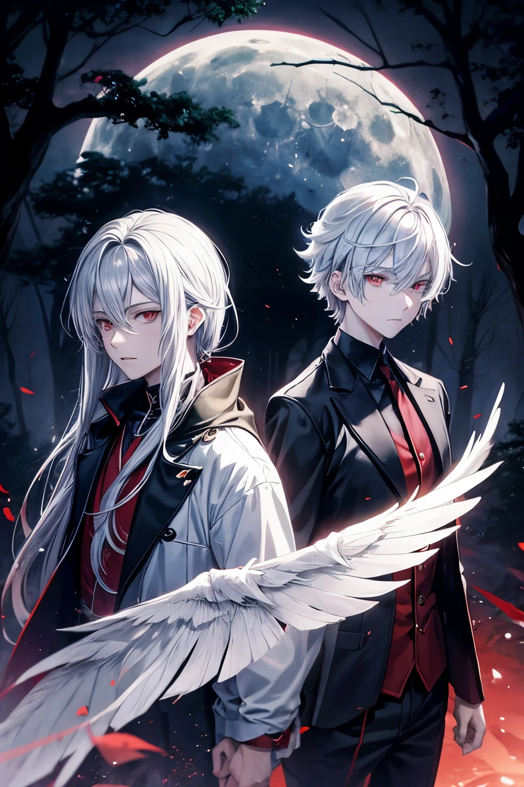 Anime style poster anime, Young Man silver hair Red eyes front, divide in two, his soul scape from his body, he os in a dark Forest with one grave in his side, moon, owl, nebline, full moon