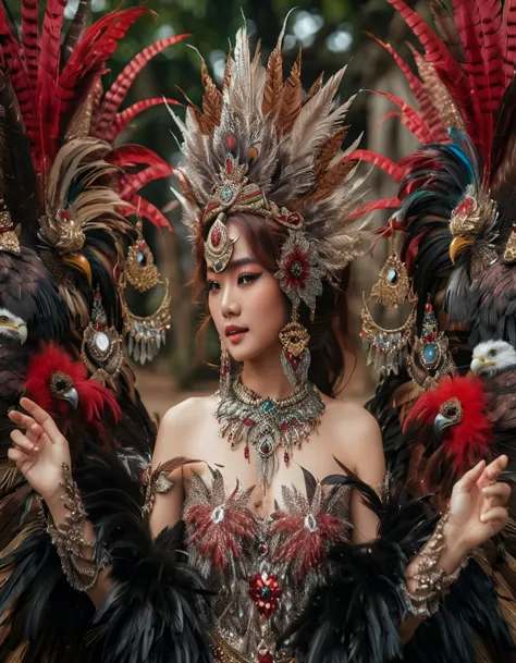 a portrait of a young thai woman in a red costume with dense and long buring feathers, posing for photohraphy, she plays the rol...