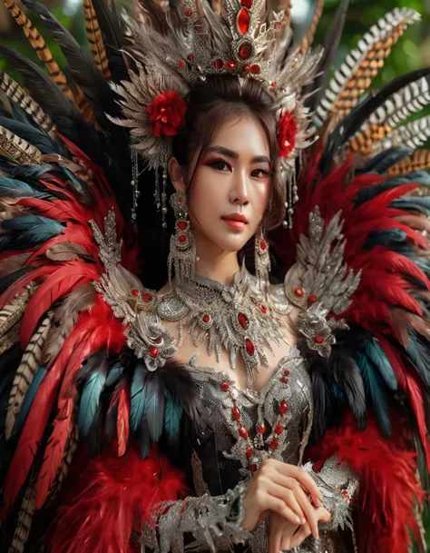 a portrait of a young thai woman in a red costume with dense and long buring feathers, posing for photohraphy, she plays the rol...