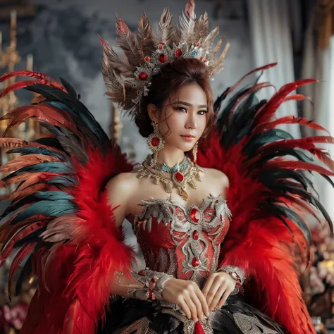 a portrait of a young thai woman in a red costume with dense and long buring feathers, posing for photohraphy, she plays the rol...