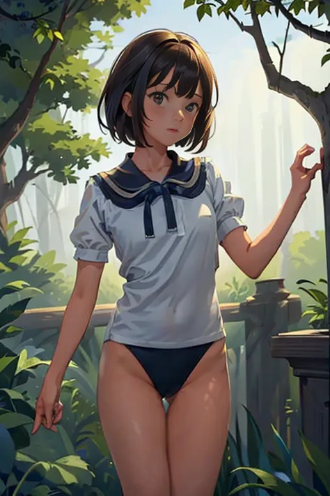 (masterpiece, highest quality),  (夜のdark森), one girl, young teen, black gymnastics bloomers, high leg、white blouse, standing in ...