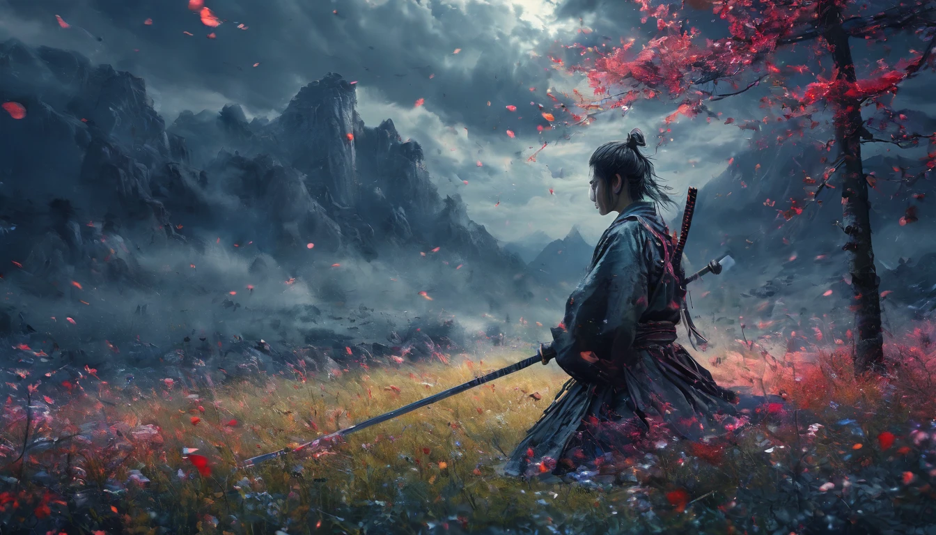 a young man kneeling in a flowery meadow, samurai, night, shining red moon, torn sword, long exposure, highly detailed, 8k, photorealistic, masterpiece, studio lighting, dramatic lighting, cinematic, moody atmosphere, vibrant colors, lush nature, intricate details