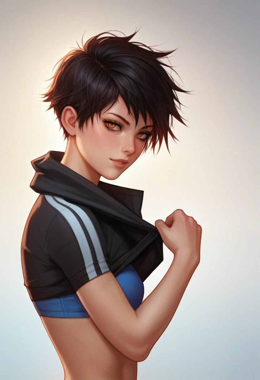 source_anime, score_9, score_8_up, score_7_up, score_6_up, manhwa style, bold, clear lines, vibrant colors, dramatic lighting, cinematic framing, expressive faces, detailed backgrounds, 1 tomboy, short haircut, sporty clothing, physically fit, athletic build, short stature, sharp facial features, direct demeanor, no makeup, tomboyish personality, precise anatomically correct, accurate proportions, symmetrical features, natural pose, realistic anatomy, perfect anatomy.