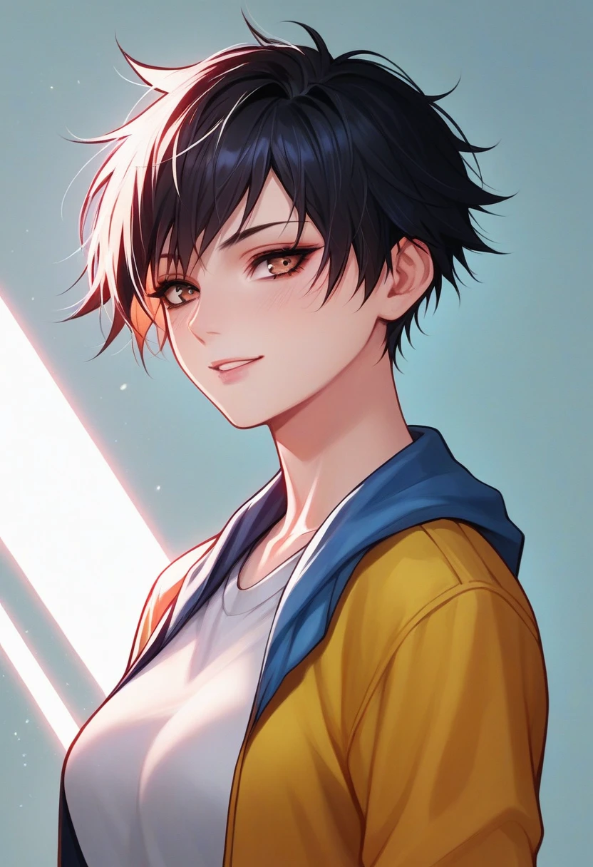 source_anime, score_9, score_8_up, score_7_up, score_6_up, manhwa style, bold, clear lines, vibrant colors, dramatic lighting, cinematic framing, expressive faces, detailed backgrounds, 1 tomboy, short haircut, sporty clothing, physically fit, athletic build, short stature, sharp facial features, direct demeanor, no makeup, tomboyish personality, 