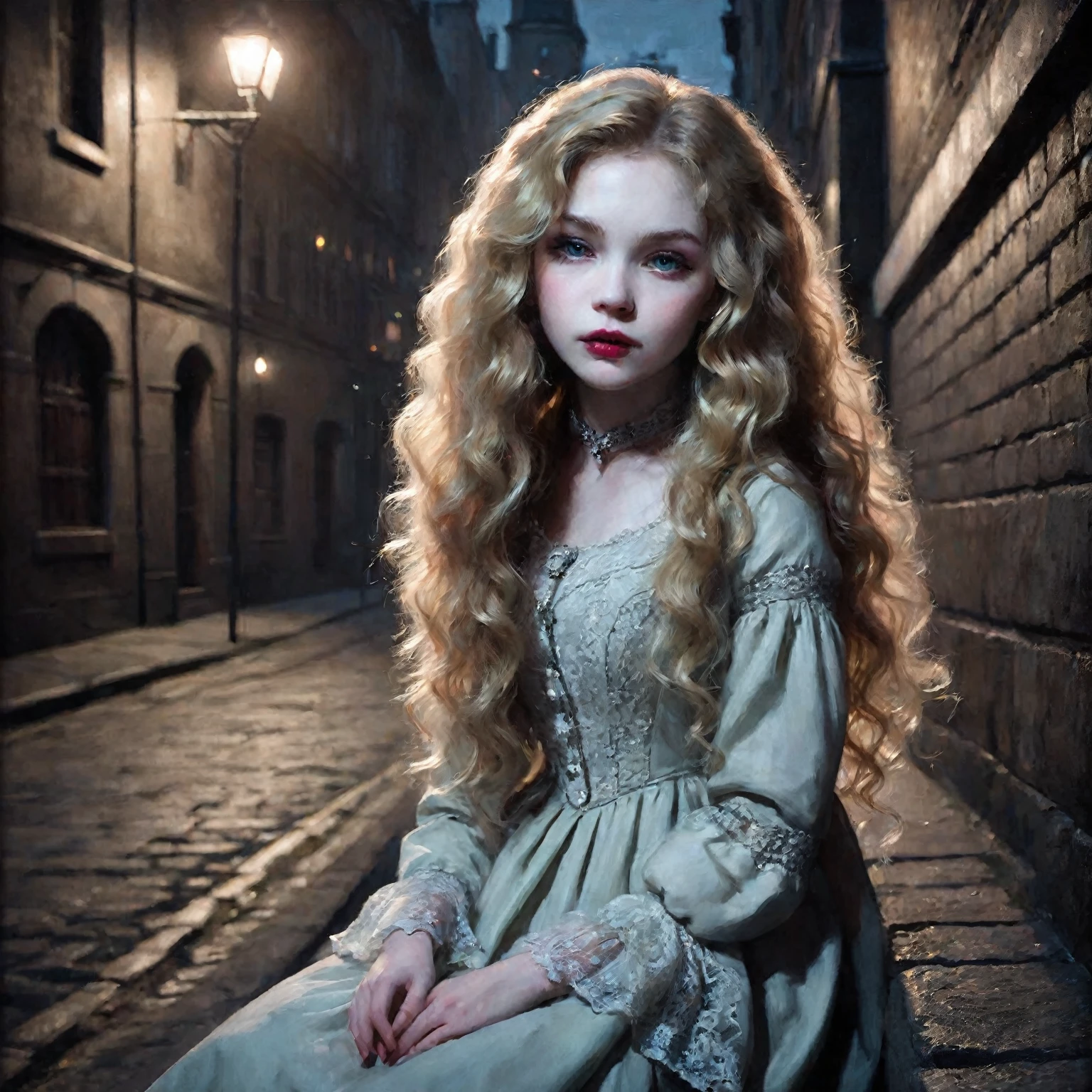 Sandra Everleigh is sitting on a stone wall in a dark alley within a modern city, dimly lit by distant street lamps. She is a vampire child with a Victorian appearance, her long, curly blonde hair framing her face. Her pale skin has a slight hint of color, giving her a more natural look. Her eyes are a light, deep green, and her lips are rosy. She is dressed in an elegant, classic Victorian gown with fine lace details. Sandra's expression is calm, with a slight, nearly closed-lip smile that subtly reveals her fangs without them protruding. The alley combines modern and old architecture, with long shadows cast by the lights, creating a dark and mysterious atmosphere around her.