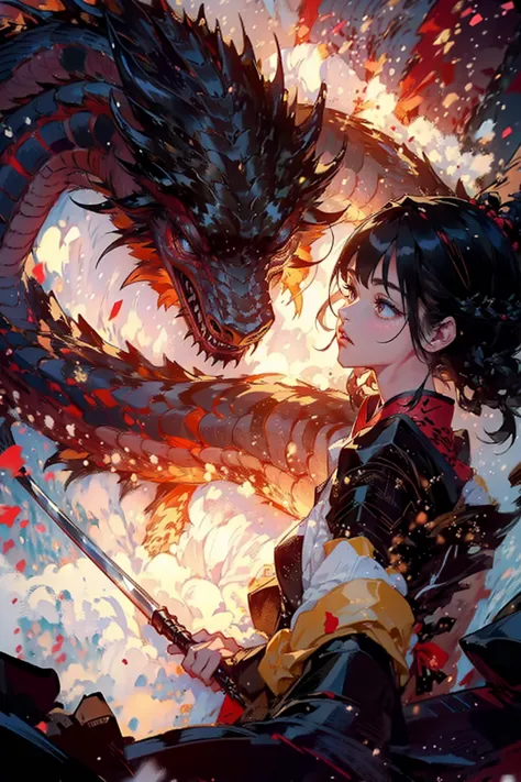 1girl and 1dragon,big red dragon,she wear yukata,she has a japanese sword, japanese style,black hair and long hair