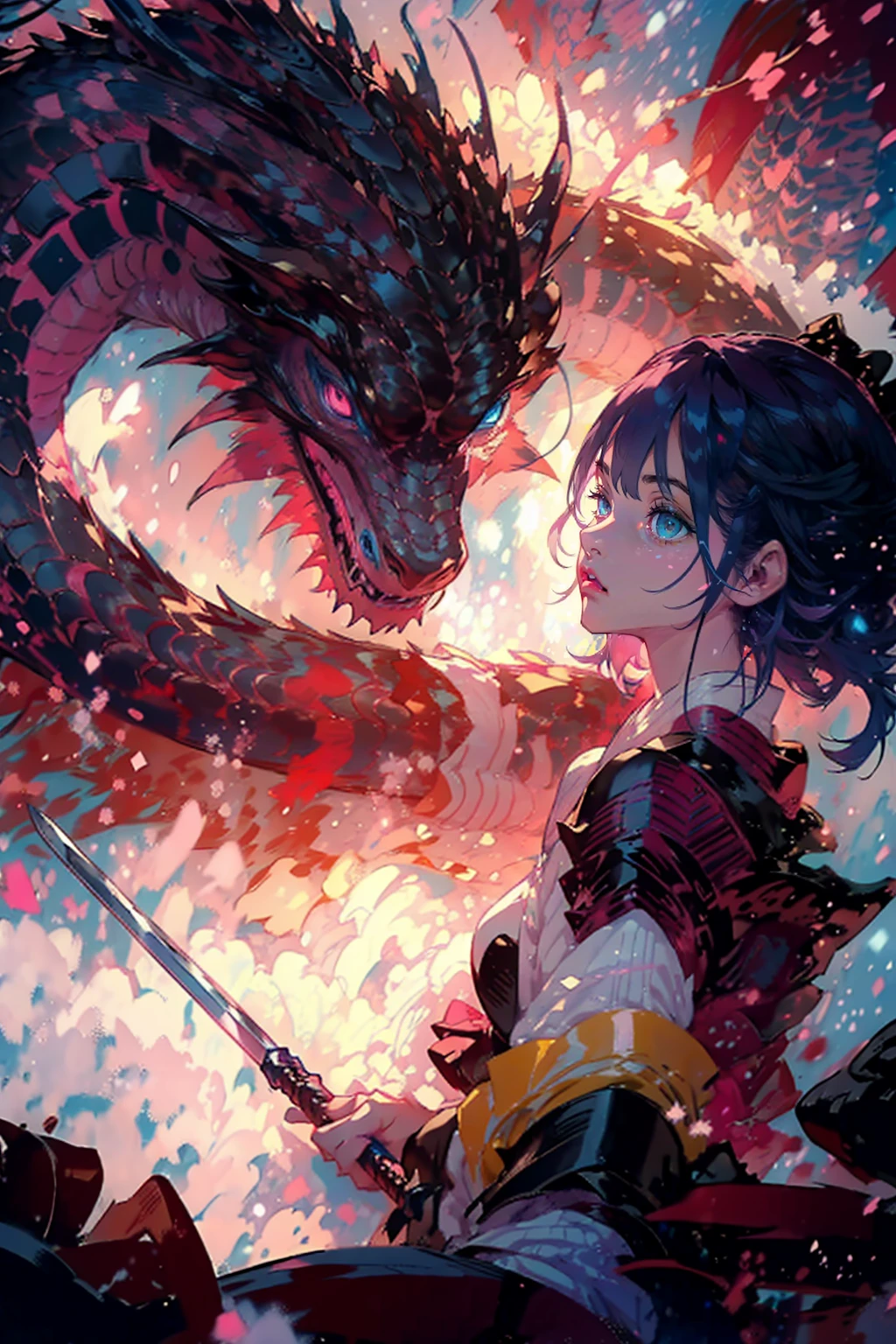 1girl and 1dragon,big red dragon,she wear yukata,she has a Japanese sword, Japanese style,(((pink short hair,blue eyes))),