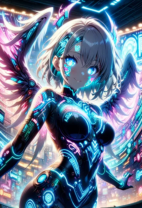 masterpiece, best quality, highly detailed cg unity 8k wallpaper, one cyber girl, anime screenshots, neon electronic circuit tat...