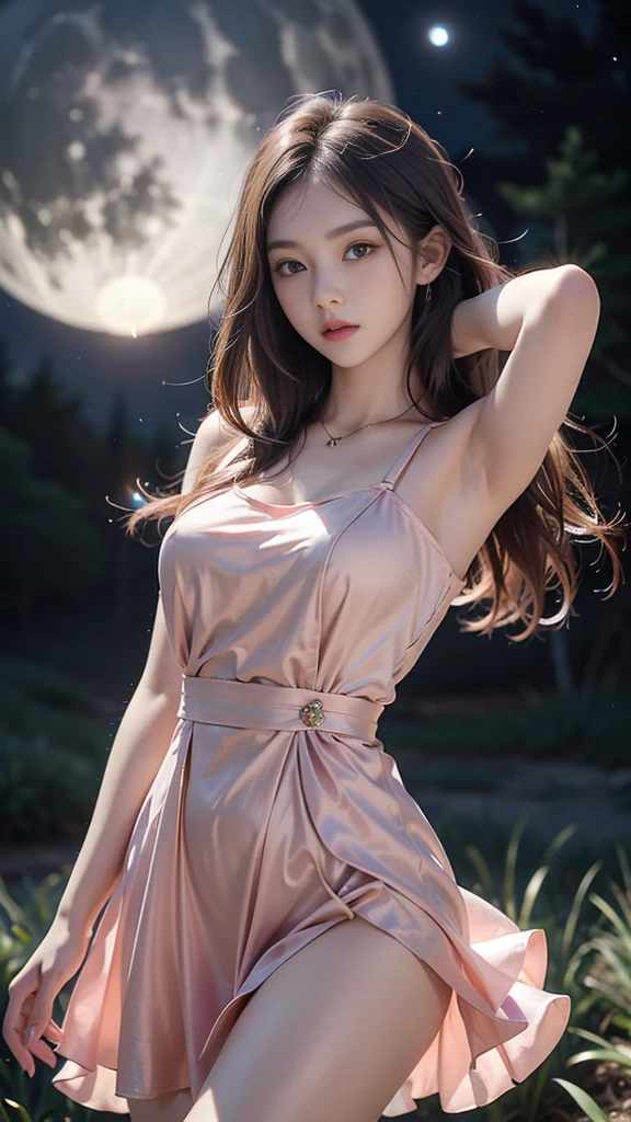 ulzzang-6500-v1.1, (RAW photo: 1.2), (Real photo), (Real photo: 1.4), 1 girl、Perfect anatomy、1、Looking at the camera、Medium length hair、dance dress, on the pine hill at night, with stars and moon, ((on the pine hill at night: 1.1))、(Business service)、Asian eyes Ella,