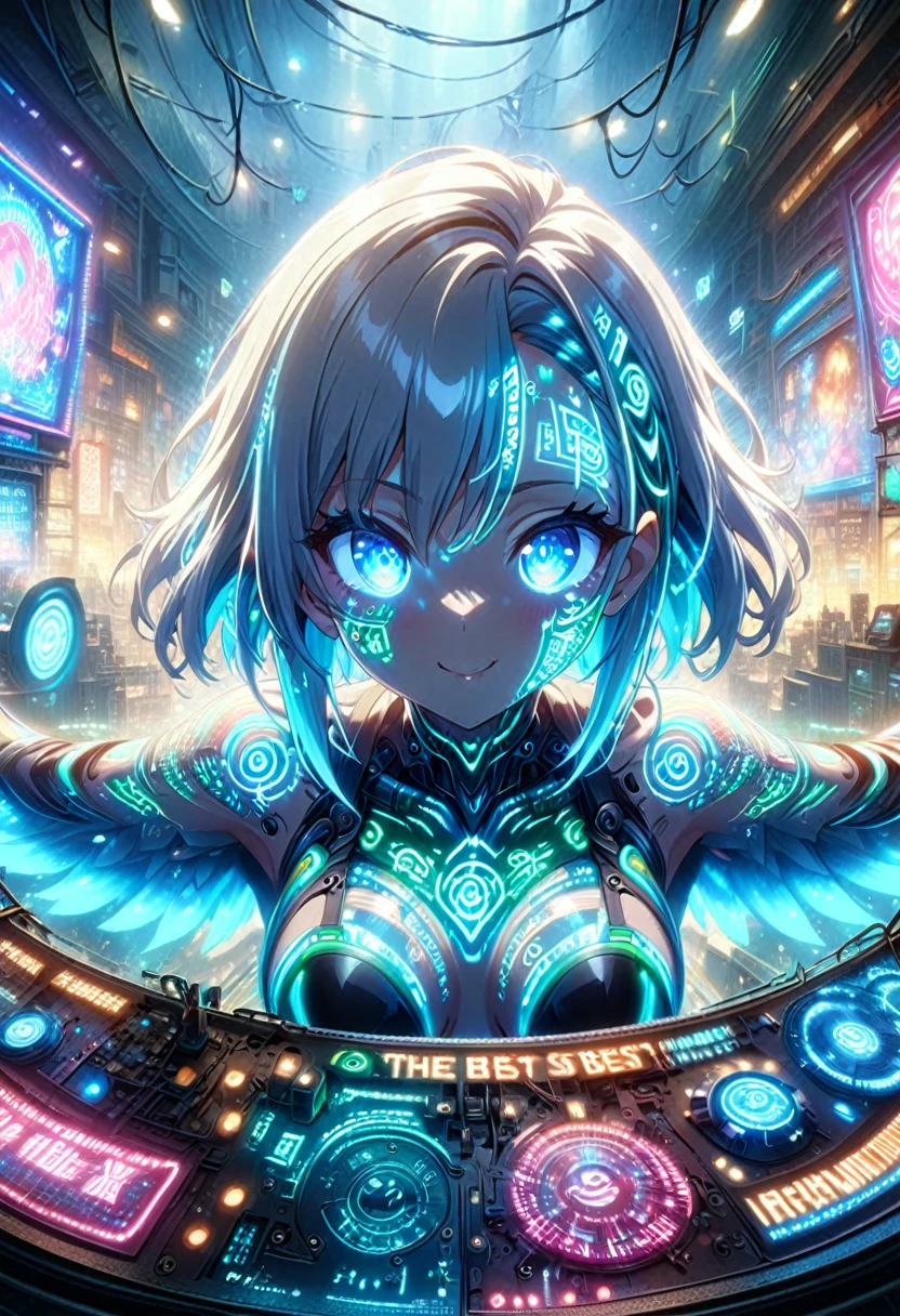 masterpiece, Best Quality, Highly detailed CG Unity 8k wallpaper, One Cyber Girl, Anime screenshots, Neon electronic circuit tattoos on the face and body, Big wings of neon lights, The best smile, Depth of written boundary, Gray Hair, Machine, Eye, Fisheye Lens