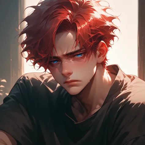 a boy, pretty face, dark blue eyes, tired look, black room, eyes on the beholder, physically strong, anime, hentai, red hair, da...