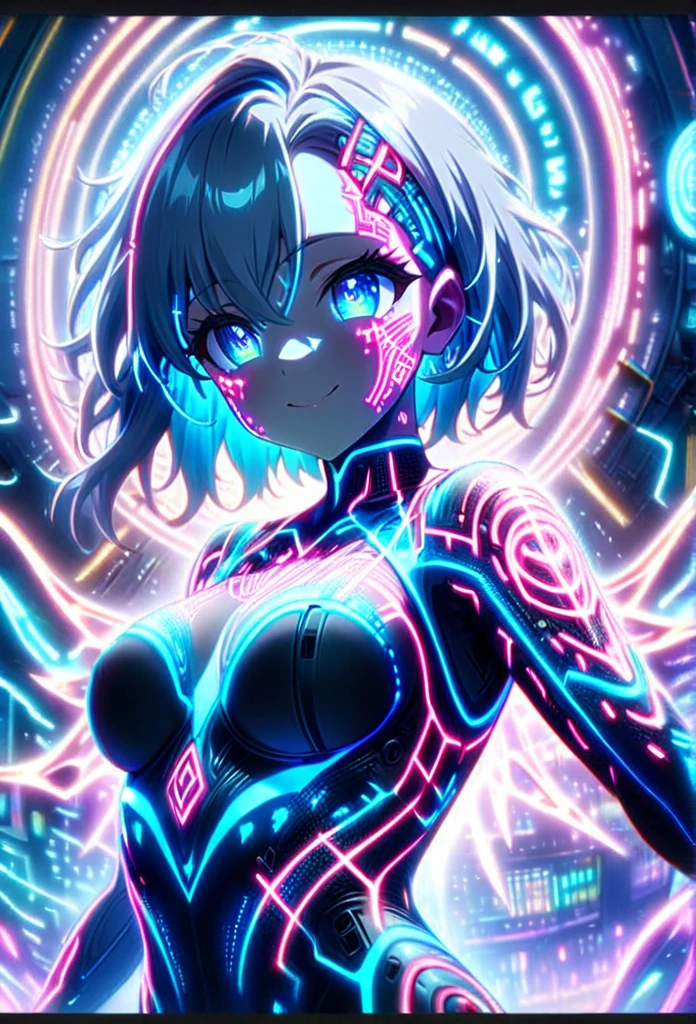 masterpiece, Best Quality, Highly detailed CG Unity 8k wallpaper, One Cyber Girl, Anime screenshots, Neon electronic circuit tattoos on the face and body, Big Cyber energy wings of neon lights, The best smile, Depth of written boundary, Gray Hair, Machine, Eye, The white cyber suit has countless energy streams running through it and emits a neon light.