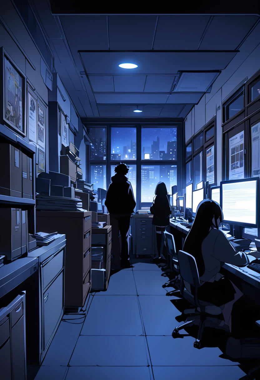 anime style poster, anime style characters, environment: dimly lit office with computers, tables, printers, files, window showing that it is night. five people in the anime style room, two adult women and three adult men, all wearing black clothes, staring in a mysterious way