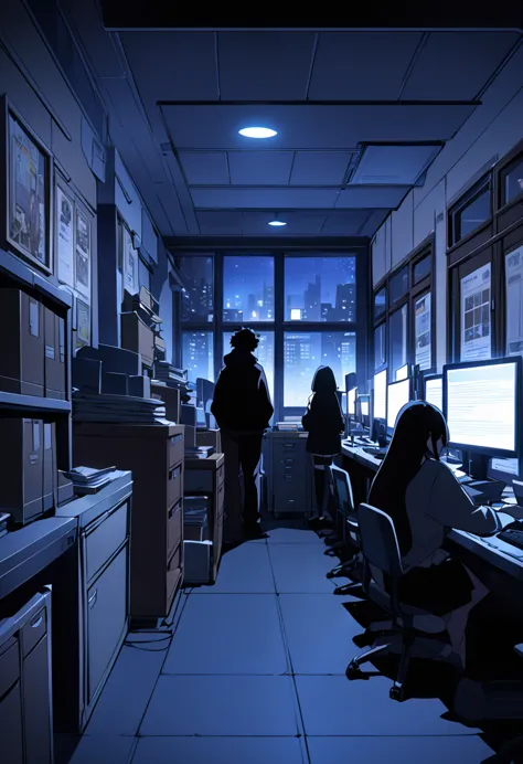 anime style poster, anime style characters, environment: dimly lit office with computers, tables, printers, files, window showin...