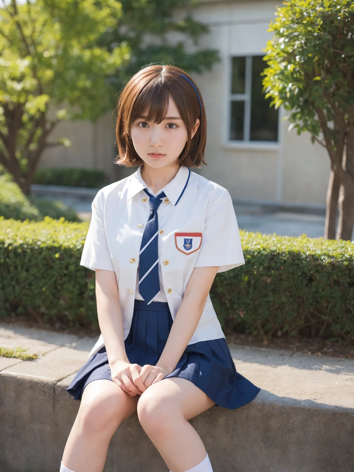 (masterpiece, Best Quality, Best Quality, Official Art, beautifully、aesthetic:1.2), (Realistic,RAW Photos, Best Quality),(One girl), (Misaka Mikoto Cosplay:1.2)、Clear images、Best Quality、8k、Brown Hair、Asymmetrical Very Short Hair、hairpin、Tokiwadai Junior High School short sleeve uniform、School、Arms crossed、mini skirt,jacket, Loose socks、Sit together&#39;knees,panties,Her skirt is rolling up,常盤台中School,(Squat:1.2),Forehead:1.1