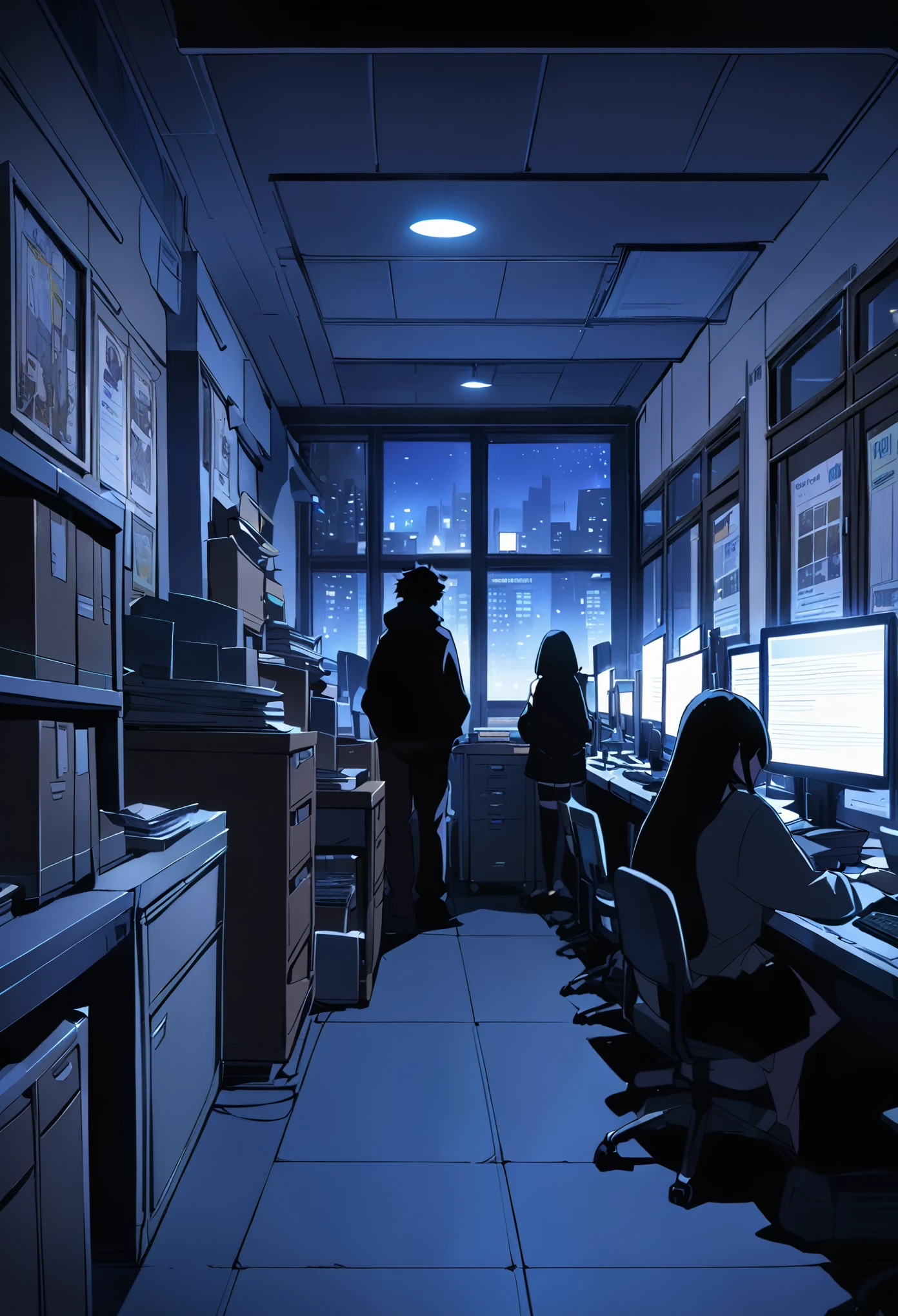 anime style poster, anime style characters, environment: dimly lit office with computers, tables, printers, files, window showing that it is night. five people in the anime style room, two adult women and three adult men, all wearing black clothes, staring in a mysterious way