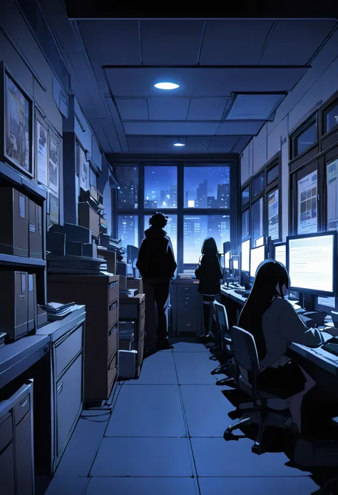 anime style poster, anime style characters, environment: dimly lit office with computers, tables, printers, files, window showin...