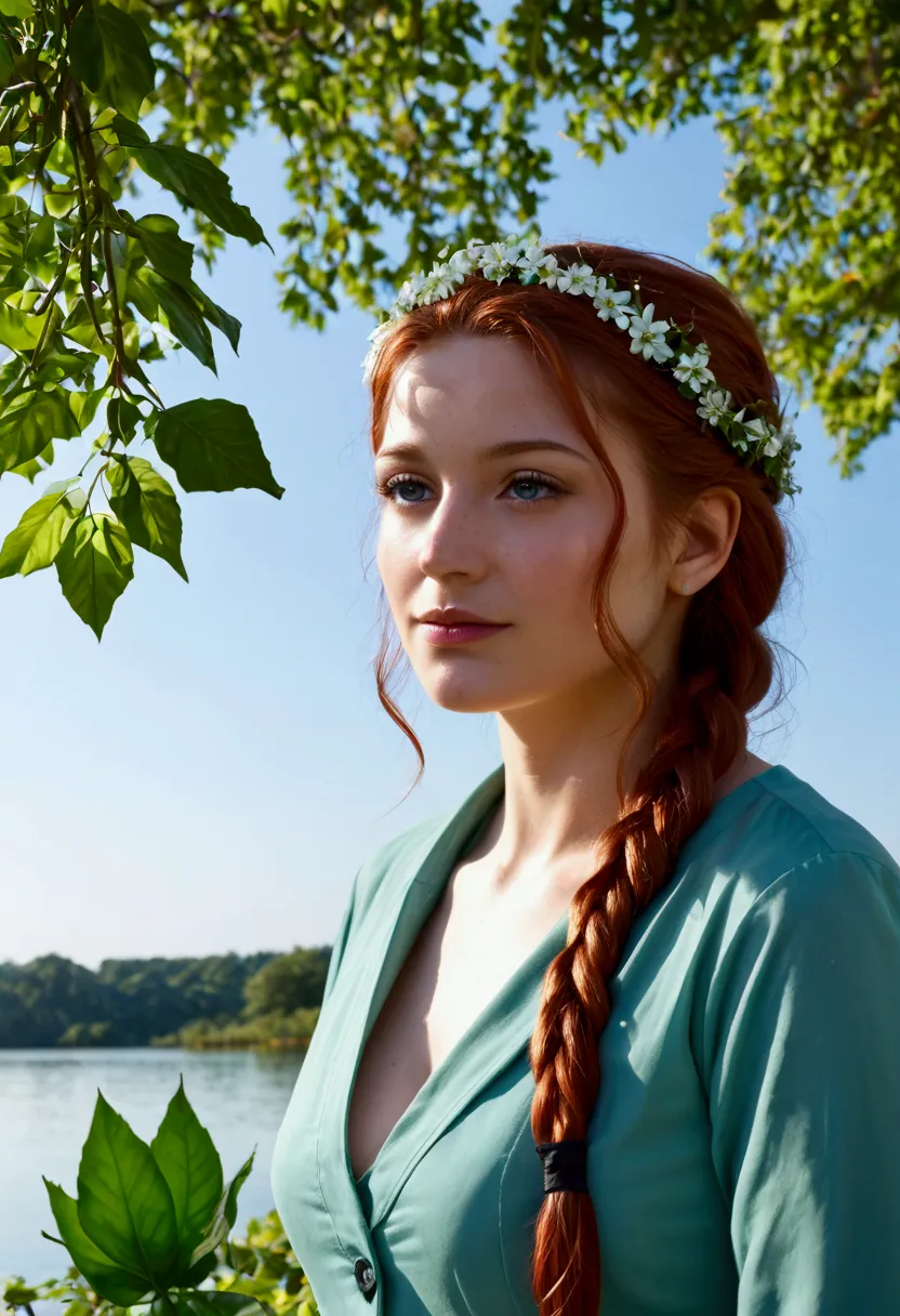 fantasy woman, braided auburn hair crowned with ivy and wildflowers, eyes as green as spring leaves, wearing a simple tunic wove...