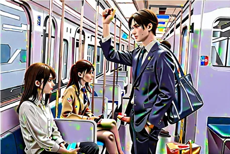 1man,2girl,a woman in a white shirt and black pants is sitting on a blue seat on a train. he is wearing a white button-down shir...