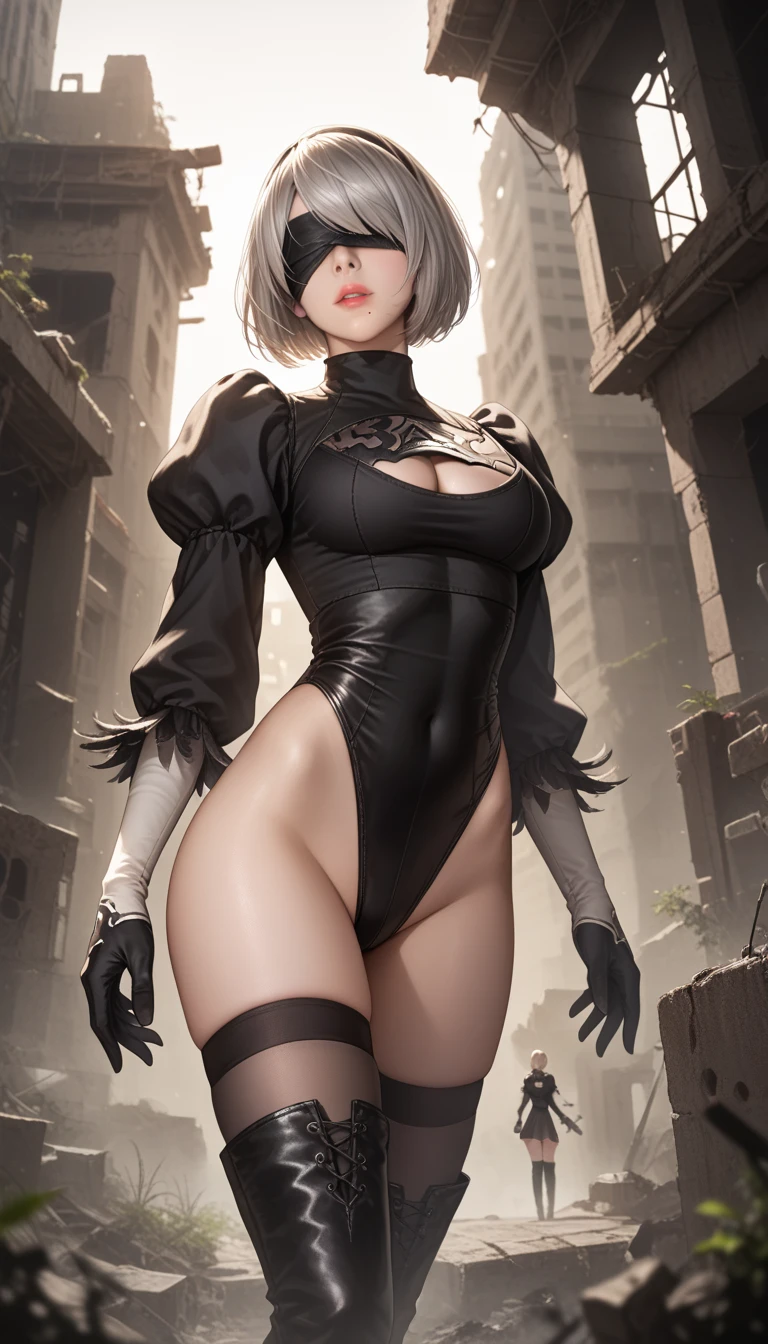 score_9, score_8_up, score_7_up, 32k,masterpiece, highest quality, 
photo realistic, vibrant colors, chiaroscuro lighting, cinematic lighting,
1 woman, inspired nier automata 2B,
bob cut, gray hair, bangs ,mole under mouth, blindfold, pink lips, 
black 2B leotard, cleavage cutout, skirt, thighhighs under boots,
ruins, a ruined world, devastated cities, 
picturesque, beautiful scenery, fantastic night sky,
seductive pose, dramatic angle,