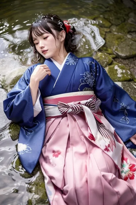 realistic, hakama, japanese clothing, kimono, woman, furisode, long hakama, wet clothes that stick to the skin, clothes with a w...