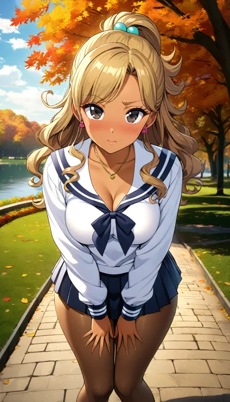 tan skin, gyaru, aajupiter,middle hair, blonde hair,curly hair,off shoulder,hands covering breasts,leaning forward,from front,pa...