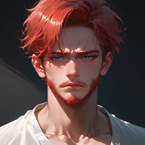 a boy, pretty face, dark blue eyes, tired look, black room, eyes on the beholder, physically strong, anime, hentai, red hair, da...