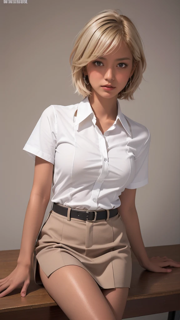 High resolution、masterpiece、Textured skin、high quality、Ultra high definition、Very detailed、woman、Short blonde hair parted in the center、Student Uniform、high school student、Full Body Shot、スポーティなwoman、boyish、Looking at the camera、Large Breasts、Perfect Style、Long legs、