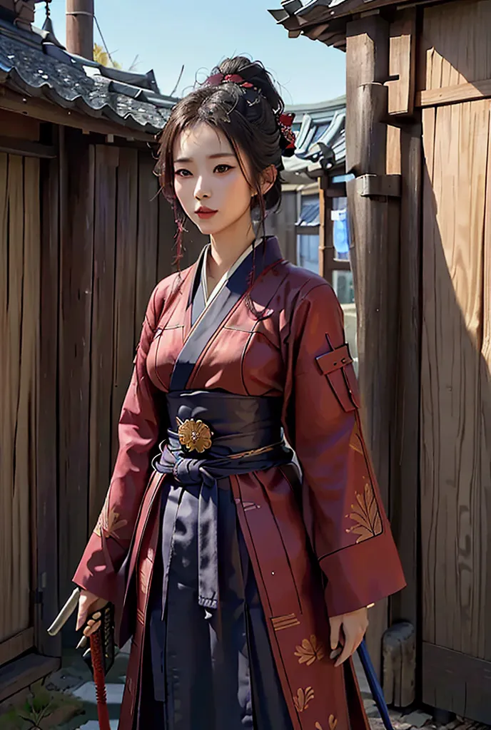 a determined female warrior stands confidently in a traditional japanese village. she is dressed in a detailed samurai outfit, b...