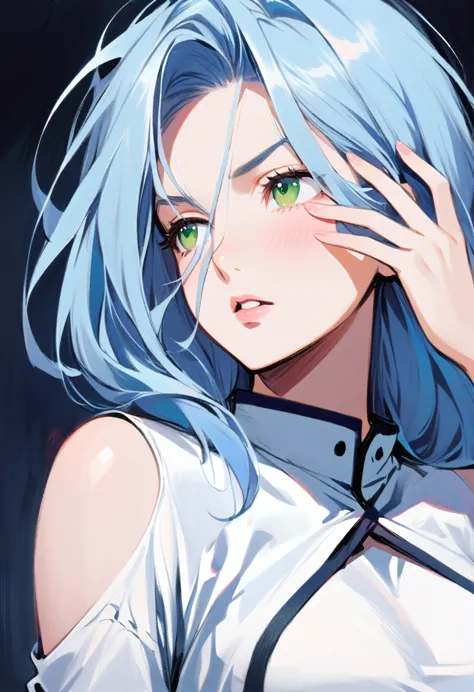 1 girl, <xml><input>alone</input></xml>, light blue hair, by the wide, green eyes, hair covering one eye, looking at the audienc...