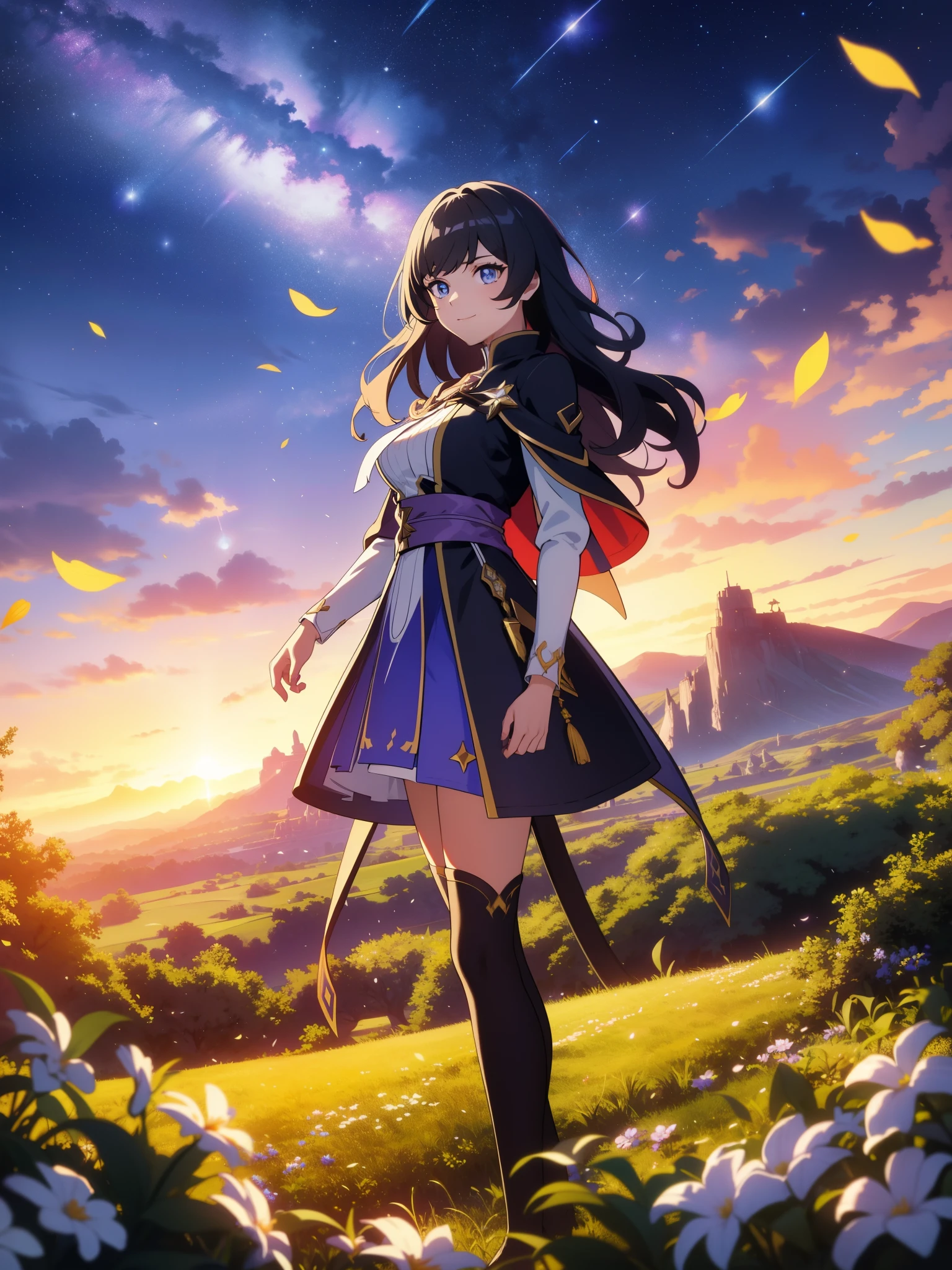 (high-quality, breathtaking),(expressive eyes, perfect face) portrait, 1girl, female, solo, young teen, black hair, pink eye color, medium hair length, soft wavy hair, gentle smile, loose hair, side bangs, looking at viewer, portrait, full shot, happy expression, ribbon in hair, flower in hair, fantasy clothing, elegant, mature, height 4"3, adventurer attire, warlock attire, warlock profession, short height, Dungeons & Dragons character, jacket, dress, cape, winged cape, Firefly Honkai Star Rail Character, starry sky, dawn in the distance, shooting stars, backgroound, flower field, scenary, cloudy sky, grass, trees, flower petals, leafs, white flower, field, blue flower, standing in field of flowers, boots, black thigh socks