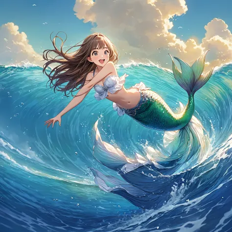 masterpiece,best quality,high resolution,very detailed,arbourne,riding the wave, jumping, mermaid, feeling a bit excited