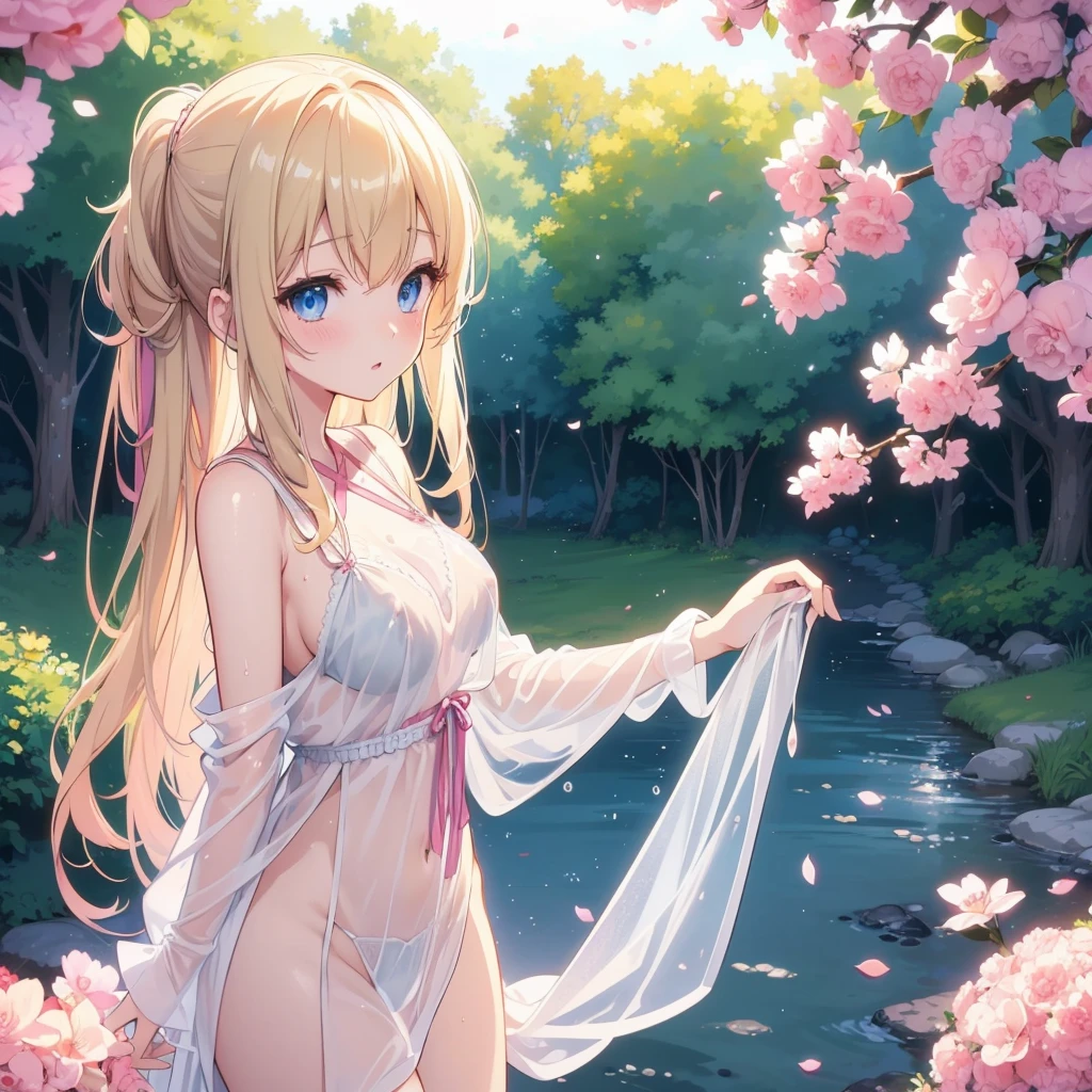 Anime Girls, Anime Style 4 k, Digital anime illustration, digital anime art, Anime Style. 8k, Anime Moe Art Style, anime art wallpaper 4k, anime art wallpaper 4k, Anime Style illustration, Smooth anime CG art, detailed digital anime art, Anime Art Wallpapers 8K, Realistic Anime 3D Style、One girl, lingerie、Sheer white underwear、blondes、Blushing, blue eyes, Nipple erection、Sensual facial expression、Large Breasts,((See-through underwear))、Wet、((濡れている股))