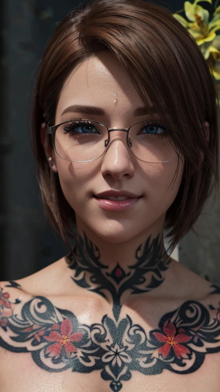 portrait, close-up, upper body. Short, red hair, green eyes, glasses with metal frames, green bra, cheerful smile, girl . (masterpiece, top quality, Best quality, official art, beautiful and aesthetically pleasing:1.2), extremely detailed,(fractal art:1.2),Colorful,The most detailed, (dynamic pose), (tattoo background:1.5), (many flowers:1.4). ((split. Skin texture, shiny skin. elegance. photorealism. unreal engine. 3D model. Ultra high quality textures. high detail. permission 8k))