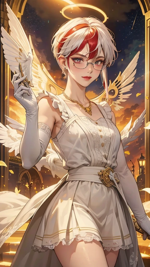 8k, masterpiece, best quality, highly detailed, 1 girl, tiefling, paladin, devil horns, pixie cut, multicolored hair, very short straight hair red highlight hair on white hair, strippled hair, wearing glasses, round glasses, earrings, red eyeshadow, long eyelashes, blushed cheek, red lips, pearl necklace, rings, collarbone, mole on face, glamorous, white and gold clothes, sleeveless, laced dress, miniskirt, smirk, close up view, rings, looking at viewer, solo, holding flintlock, starry sky, radiant gold moon, standing, golden halo, white lace gloves, heavenly scene, halo, holy palace in background.