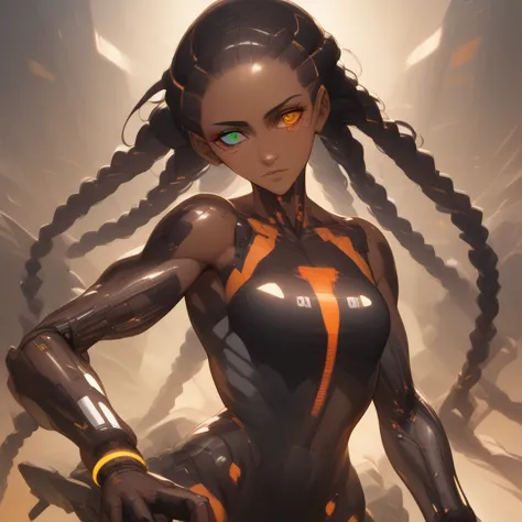 black woman, sensuous, curvaceous, carnal,cool, powerful, (cyberpunk mecha ninja, mecha holographic dress, an orange bracelet:1....