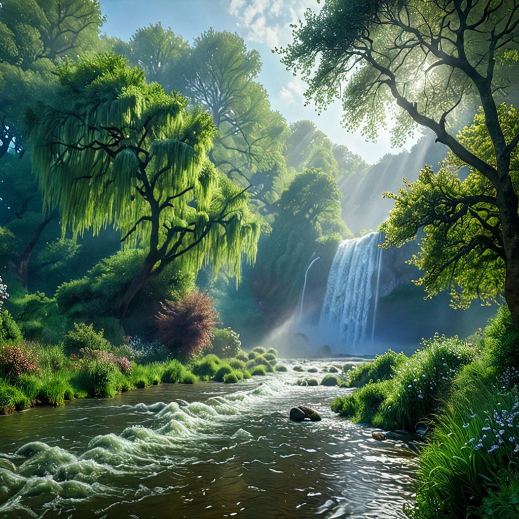 estiloChromaV5, nvinkpunk, (extremely detailed 8k CG unit wallpaper), An image of a majestic river, trees on the sides, small waterfall, intense fog, award-winning photography, Chromatic Aberration, detailed, HDR, bloom, Monet style, Pissarro and Sisley, Trend at Artstation, tendência na CGSociety, Mid-Journey Art