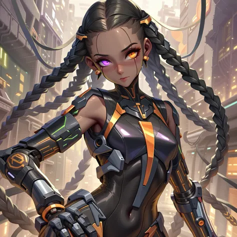 black woman, sensuous, curvaceous, carnal,cool, powerful, (cyberpunk mecha ninja, mecha holographic dress, an orange bracelet:1....