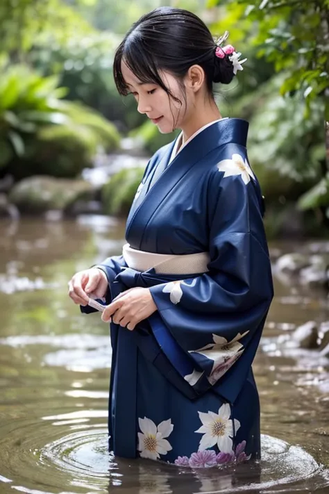 realistic, hakama, japanese clothing, kimono, woman, furisode, long hakama, wet clothes that stick to the skin, fabric that stic...