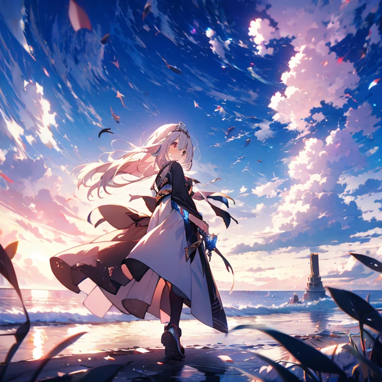 Anime girl walking near a cliff, Beautiful fantasy anime, high detailed Official Art, Silver-haired god, Shadowverse Style, Anime Goddess, Nightcore, Detailed Key Anime Art, Official Art, Masterpiece Goddess of Beauty, Anime fantasy illustration, Detailed digital anime art, Epic light novel art cover, From the Arknights video game, Anime fantasy artwork, Calm background, Bright white moon, white beach dress, Sea view