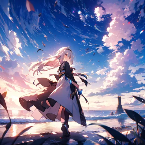 anime girl walking near a cliff, beautiful fantasy anime, high detailed official art, silver-haired god, shadowverse style, anim...