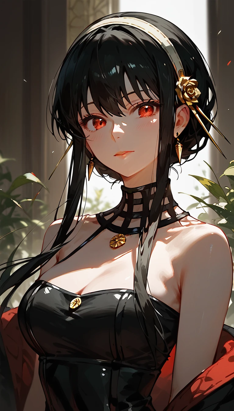 score_9, score_8, score_7_up, anime, 1girl, yor briar, spy x family, red eyes, black hair, sidelocks, looking at viewer, black dress, leather dress, (sleeveless, strapless), portrait