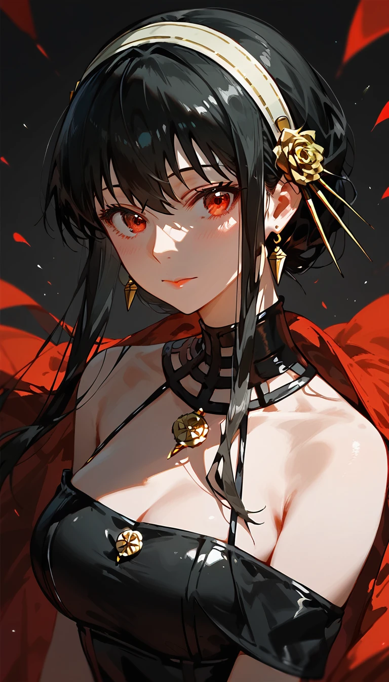 score_9, score_8, score_7_up, anime, 1girl, yor briar, spy x family, red eyes, black hair, sidelocks, looking at viewer, black dress, leather dress, (sleeveless, strapless), portrait