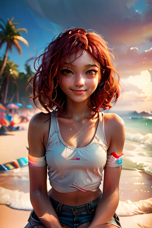 1 college woman; age 18; Slender, athletic; bright red hair; expressive light brown eyes with black pupils; attractive; lightly tanned skin; freckles on face; smiling; very large bust; trending on artstation; complex volumetric lighting; strong shadows; artistic lighting; dynamic; energetic vibe; realistic skin; specular highlights; micro-textures; highly detailed hair; wearing a white tank top; sitting on the beach at sunset with vibrant hues in the sky; beautifully detailed; epic focus; concept art; character design; using Unreal Engine; including artists like Loish; Rhads; Beeple; Makoto Shinkai; Lois van Baarle; Ilya Kuvshinov; RossDraws; Tom Bagshaw; Alphonse Mucha