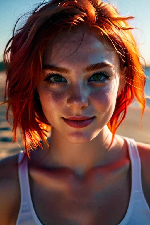 1 college woman; age 18; Slender, athletic; bright red hair; expressive light brown eyes with black pupils; attractive; lightly tanned skin; freckles on face; smiling; very large bust; trending on artstation; complex volumetric lighting; strong shadows; artistic lighting; dynamic; energetic vibe; realistic skin; specular highlights; micro-textures; highly detailed hair; wearing a white tank top; sitting on the beach at sunset with vibrant hues in the sky; beautifully detailed; epic focus;